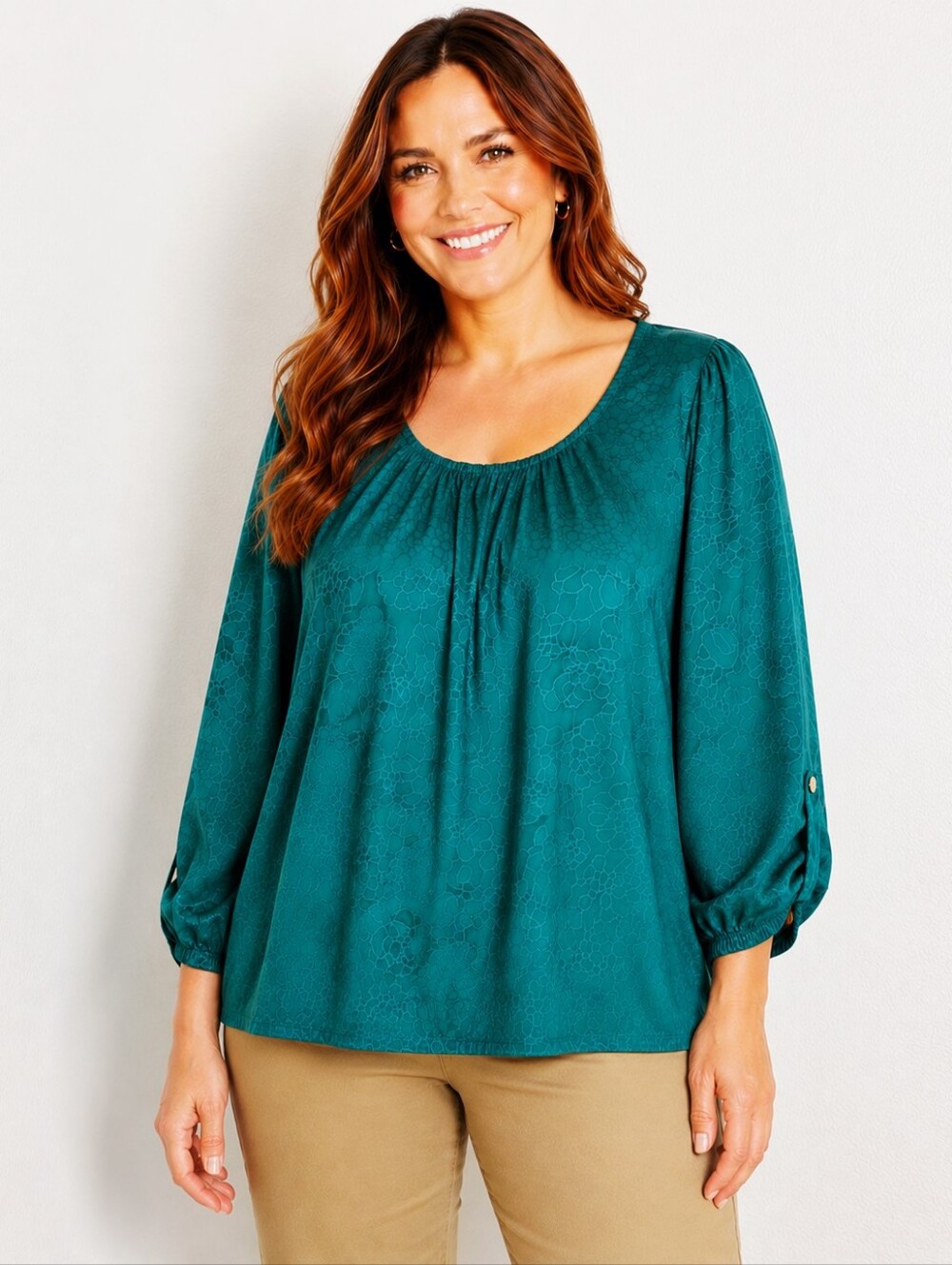 Blousology Green Floral Textured Scoop Neck Blouson Blouse, Size 2X